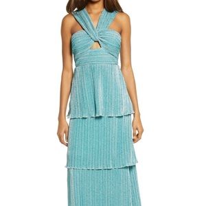 Saylor Hyelee metallic halter tiered cocktail dress In aqua
